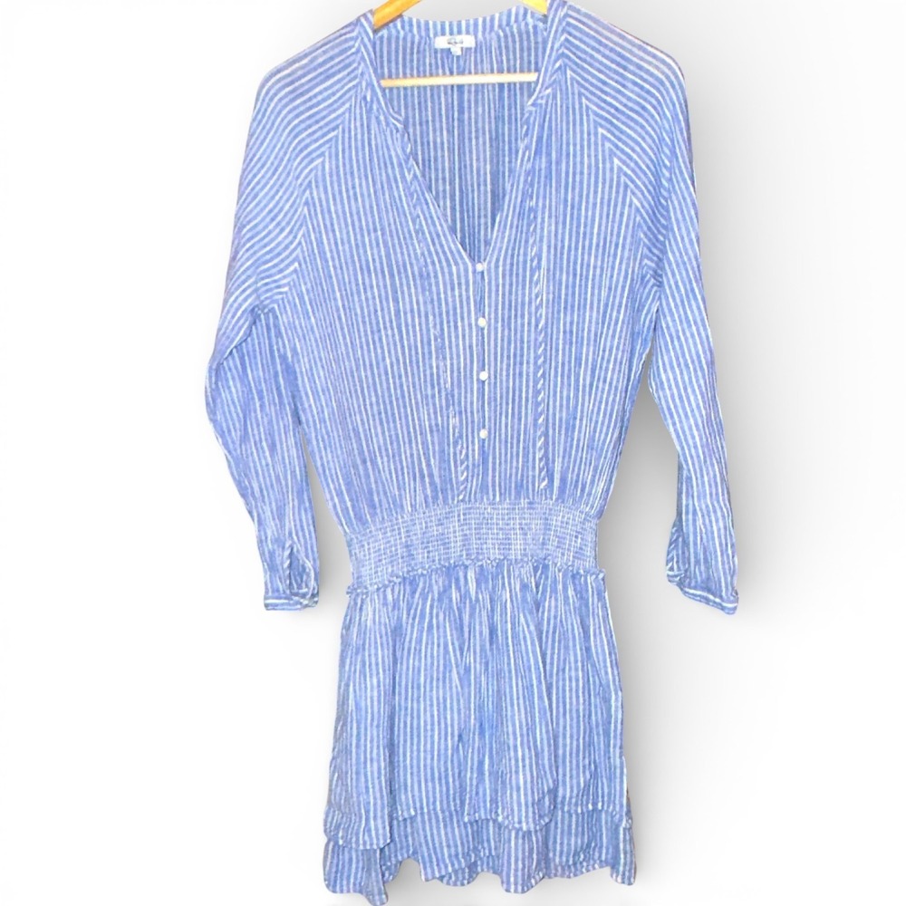 Rails Jasmine Azure Stripe Linen Blend Smocked Mini Dress Blue White Large Beach